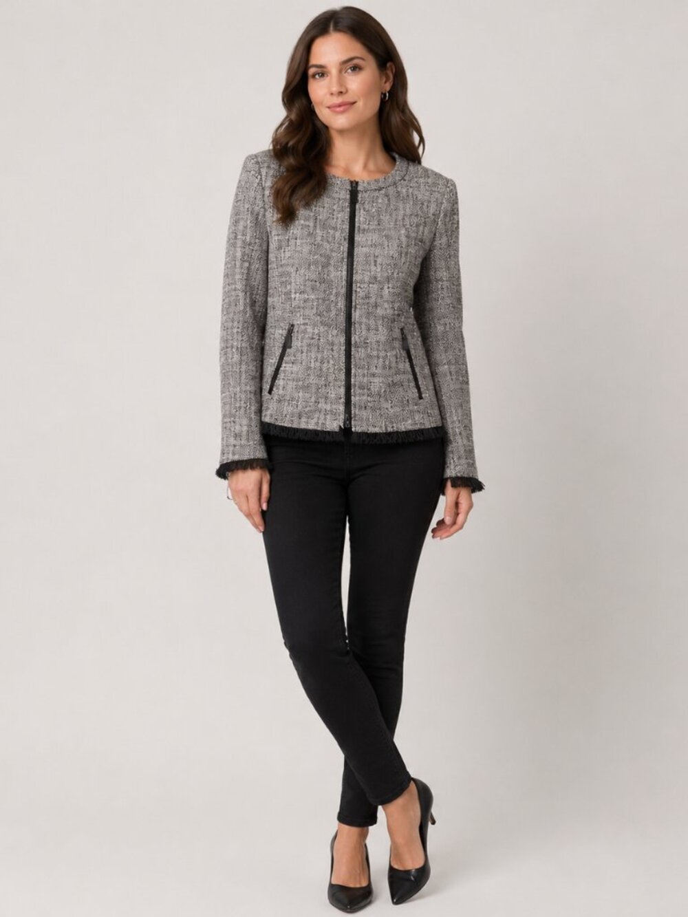 W by Worth Black White Tweed Zip Blazer Jacket Size 8